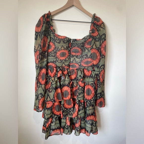 NWT BEULAH|| Mini Dress M Green Orange Abstract Tiered Fairycore Boho Cottage - Picture 7 of 9